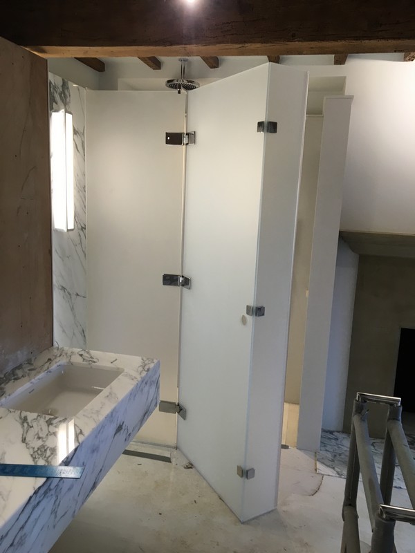 Bespoke frosted glass shower enclosure in Northolt luxury bathroom